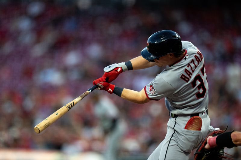 Cleveland Guardians designated hitter Travis Bazzana (37) his an RBI base hit in the fifth inning between the Cleveland Guardians and Cincinnati Reds at Great American Ball Park in Cincinnati on Wednesday, July 29, 2026.