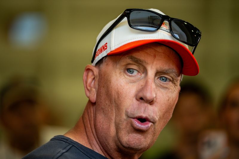 Cleveland Browns coach Todd Monken talks with media during the second day of training camp, July 30, 2026, in Berea, Ohio.