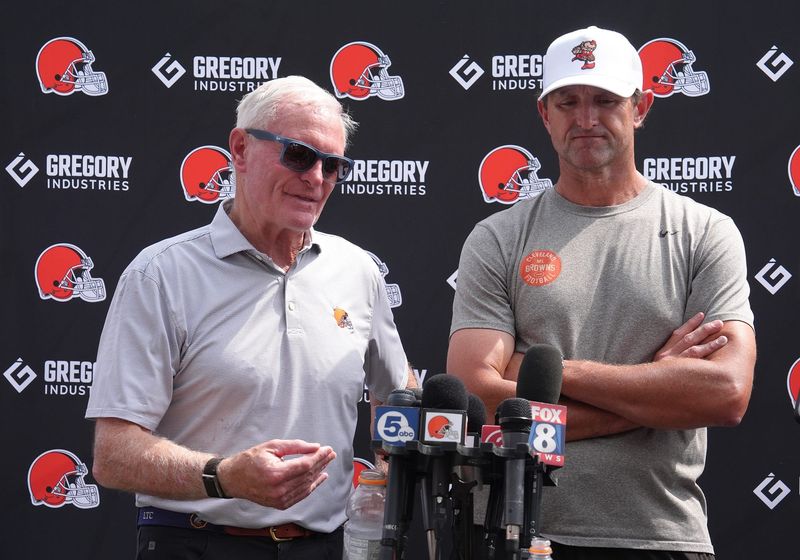 Cleveland Browns owner, Jimmy Haslam and JW Johnson Browns managing partner, speak after the  Browns training camp at CrossCountry Mortgage Campus of the Cleveland Browns in Berea, Ohio on June 9, 2026.  on July, 31, 2026.
