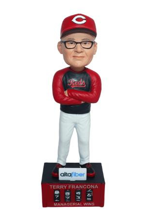 Cincinnati Reds Terry Francona bobblehead promotional giveaway for the Aug. 1 game versus the Pittsburgh Pirates at Great American Ball Park.