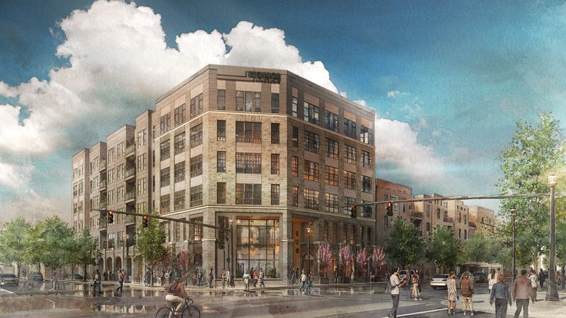 A rendering of the proposed luxury, "boutique" student apartment complex at 174 W. Lane Ave., as viewed from the corner of Lane and Neil avenues. The project would replace the former Tommy's Pizza restaurant that has sat vacant since it closed in June 2024.
