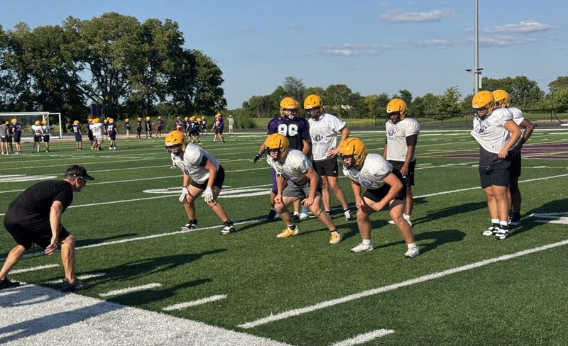 New Bloom-Carroll football coach puts the linebacker group through drills during practice on Aug. 3, 2026.
