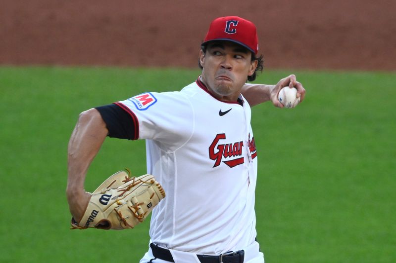 Aug 4, 2026; Cleveland, Ohio, USA; Cleveland Guardians starting pitcher Joey Cantillo (54) delivers a pitch in the second inning against the New York Mets at Progressive Field. Mandatory Credit: David Richard-Imagn Images