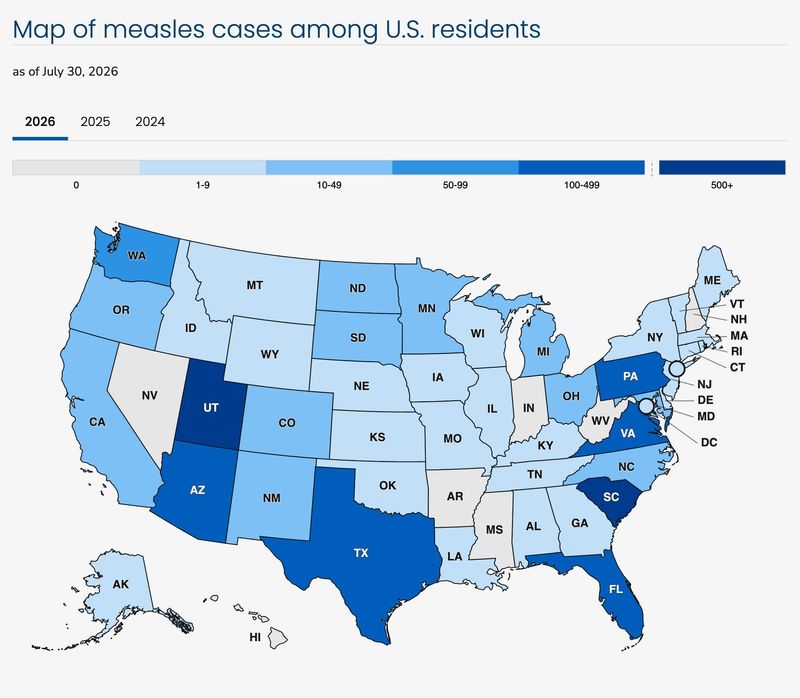 A map of 2026 measles cases among U.S. residents, as of July 30, 2026. Map provided by the Centers for Disease Control and Prevention.