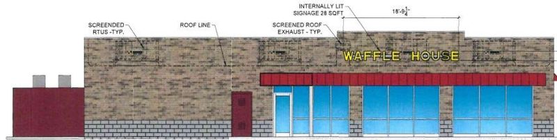 The side view of a proposed Waffle House proposed in Brimfield, as seen on site plans on file with the township.