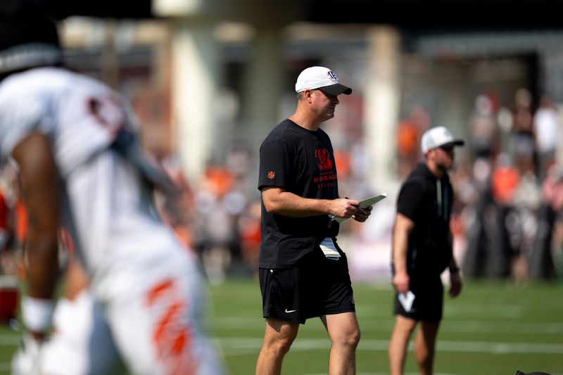 Cincinnati Bengals head coach Zac Taylor walks the field during Bengals practice at the Kettering Practice Fields in Cincinnati, Ohio, on Thursday, August 6, 2026.