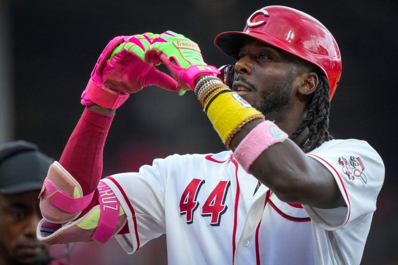 Cincinnati Reds shortstop Elly de la Cruz (44) celebrates a solo home run in the first inning of the MLB Interleague game between the Cincinnati Reds and the Athletics at Great American Ball Park in downtown Cincinnati on Thursday, Aug. 6, 2026.