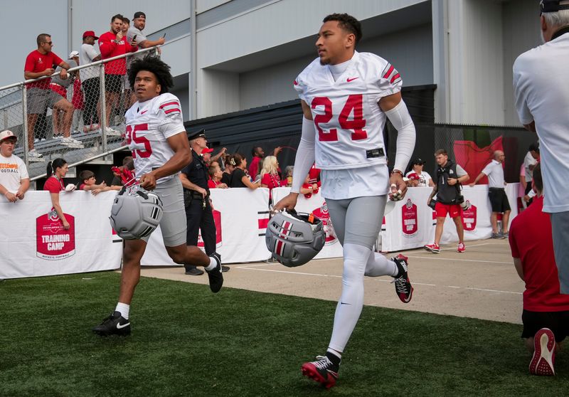 Ohio State Buckeyes cornerback Dominick Kelly (24) and cornerback Jay Timmons (25) take the field during the first practice of training camp at the Woody Hayes Athletic Center in Columbus on Aug. 6, 2026.
