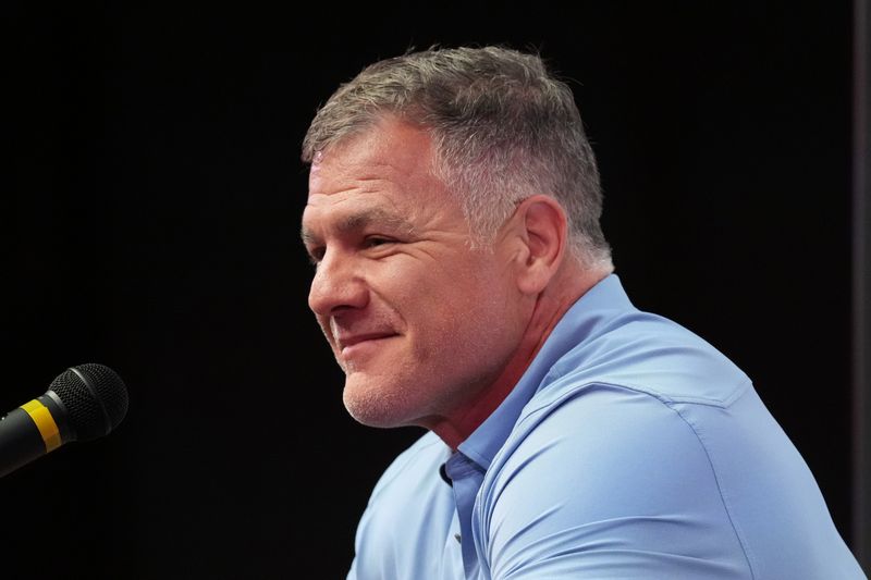 Aug 6, 2026; Canton, Ohio, USA; Adam Vinatieri speaks at Pro Football Hall of Fame Enshrinement press conference at Umstattd Hall.