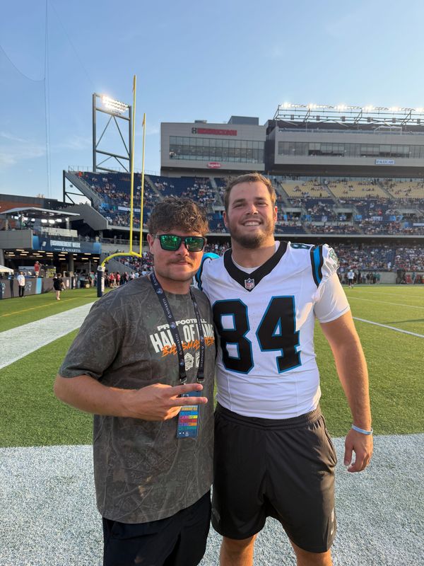 Former Wadsworth High School quarterback Trey Shaffer, left, with Carolina Panthers tight end Mitchell Evans, who starred at Wadsworth, before the Pro Football Hall of Fame Game, Aug. 6, 2026, at Tom Benson Hall of Fame Stadium in Canton.