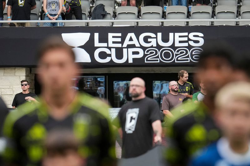 Columbus Crew players stand for the National Anthem during the Leagues Cup match against CF Pachuca at ScottsMiracle-Gro Field in Columbus on Aug. 7, 2026.
