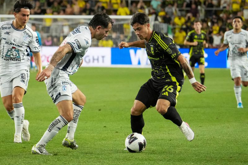 Columbus Crew midfielder Lautaro Giaccone (26) dribbles during the Leagues Cup match against CF Pachuca at ScottsMiracle-Gro Field in Columbus on Aug. 7, 2026.