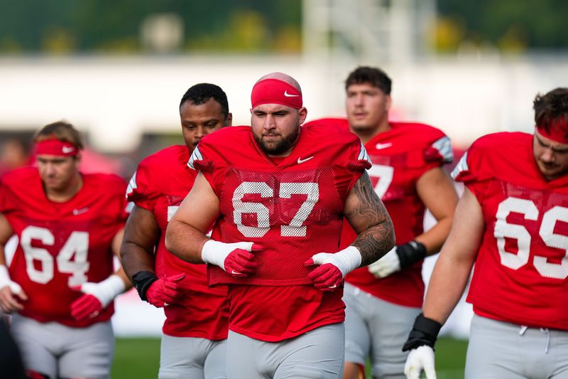 Ohio State Buckeyes offensive lineman Austin Siereveld (67) participates in the third day of training camp at the Woody Hayes Athletic Center on Aug. 8, 2026 in Columbus, Ohio.