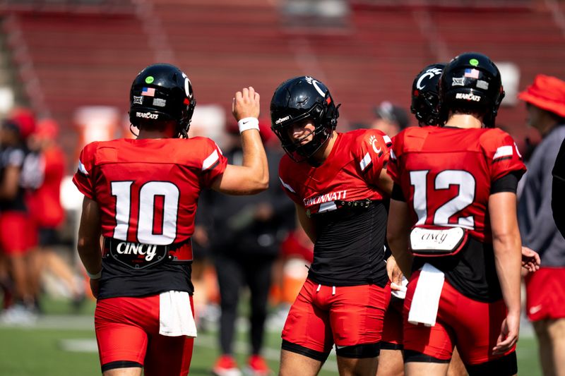 Cincinnati Bearcats Quarterback Liam O'Brien (10) high fives Cincinnati Bearcats JC French IV (4). French, O'Brien, Samaj Jones and Brooks Goodman led UC to scores on 13 of 20 possessions in a scrimmage Aug. 15.