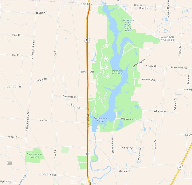 An ODOT map of the U.S. 23 lane reductions in Delaware County that will start Aug. 10, 2026