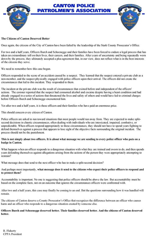The Canton Police Patrolmen's Association released a letter saying the two officers charged in the death of Frank E. Tyson "deserved better." Aug. 10, 2026