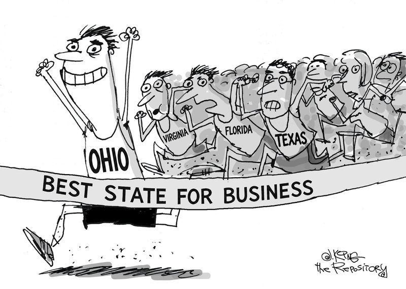 Editorial cartoonist Jerry King recognizes Ohio being ranked "America's Top State for Business" in 2026 by CNBC.