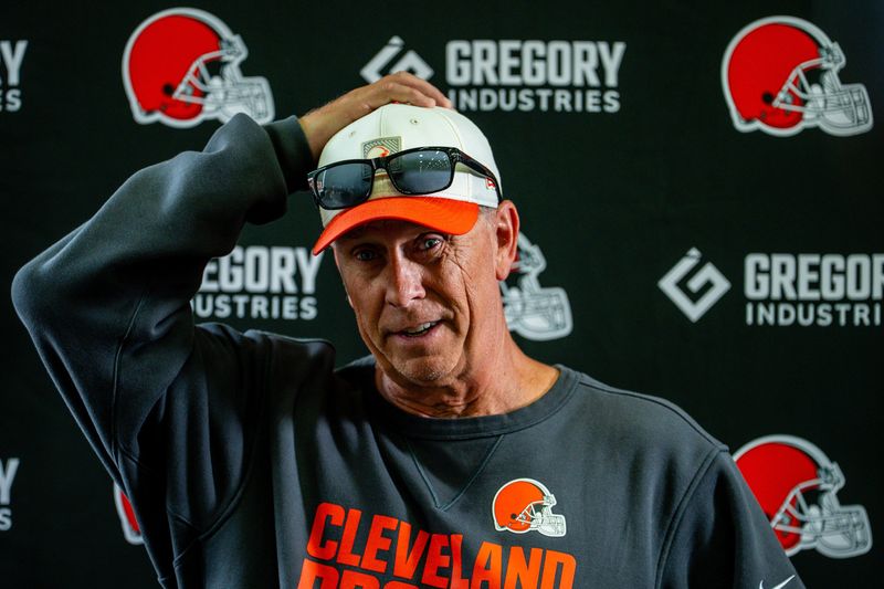 Cleveland Browns coach Todd Monken address the media during day 12 of training camp, Aug. 11, 2026, in Berea, Ohio.