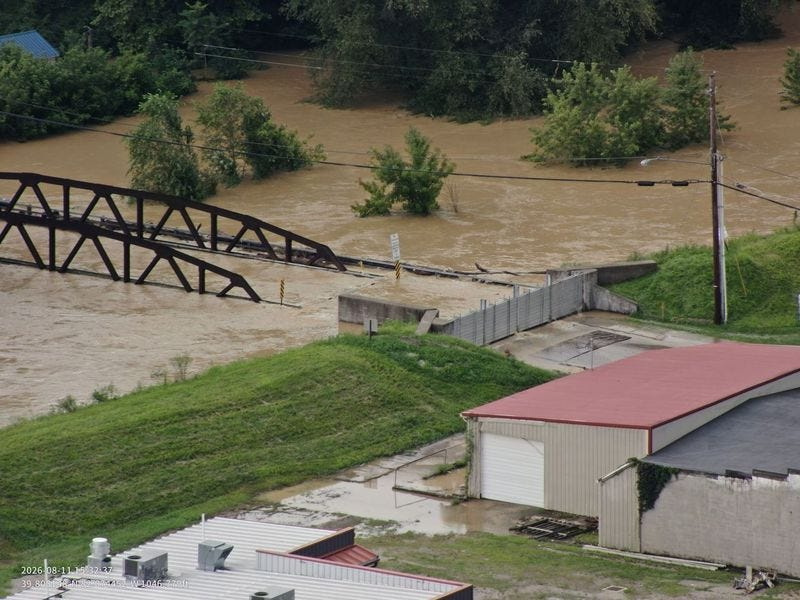 Gov. Mike DeWine's office released photos showing the flooded areas in Roseville on Aug. 11, 2026, after severe storms moved through the area. The done photos were taken by the Muskingum County Sheriff's Office.