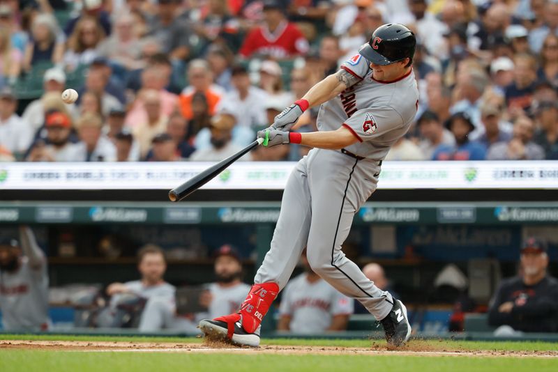 Aug 11, 2026; Detroit, Michigan, USA;  Cleveland Guardians right fielder Chase DeLauter (24) hits a home run in the third inning against the Detroit Tigers at Comerica Park. Mandatory Credit: Rick Osentoski-Imagn Images
