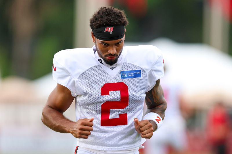 Aug 6, 2026; Tampa, FL, USA; Tampa Bay Buccaneers wide receiver Emeka Egbuka (2) participates in training camp at AdventHealth Training Center. Mandatory Credit: Nathan Ray Seebeck-Imagn Images