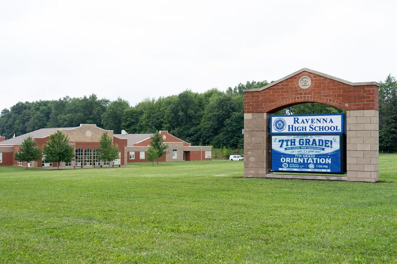 The sign outside Ravenna High School lists information for the upcoming seventh grade orientation planned for the school. The school, now known as Ravenna Jr./Sr. High School, will have students from seventh through 12th grades beginning this year. Aug. 12, 2026.