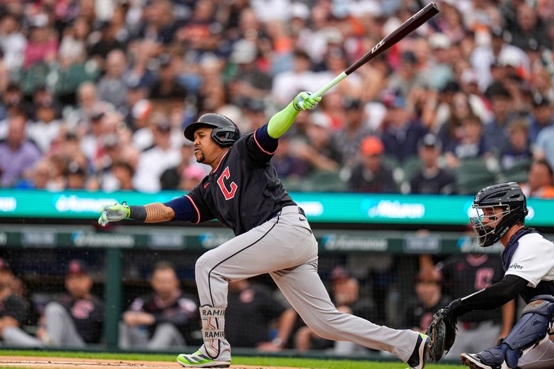 Cleveland Guardians third baseman José Ramírez (11) bats against Detroit Tigers during the first inning at Comerica Park in Detroit on Wednesday, August 12, 2026.