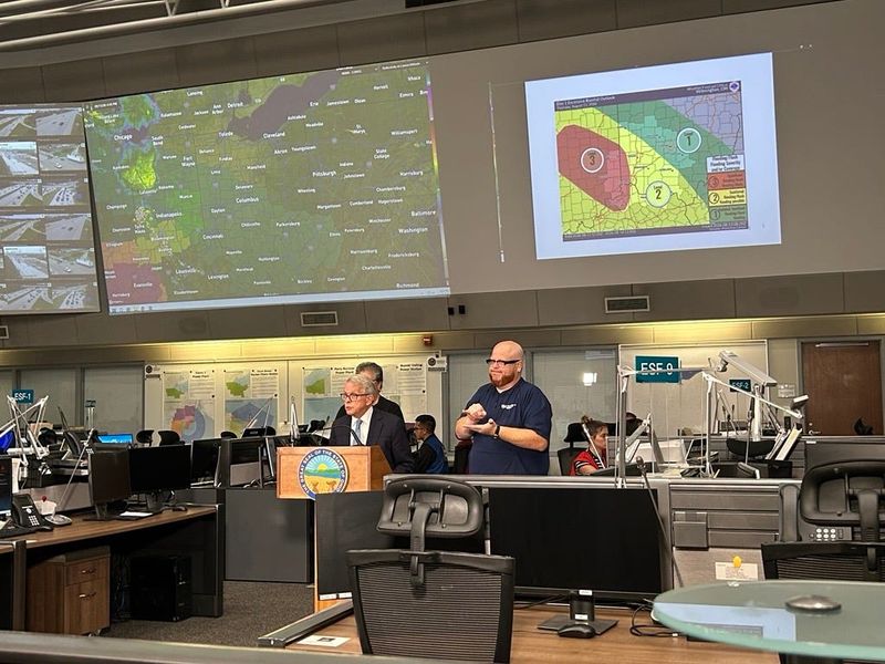 Gov. Mike DeWine warns of flooding risks in Ohio's western counties at a press conference at the Ohio Emergency Management Agency, located at 2885 W. Dublin-Granville Road, Aug. 13.
