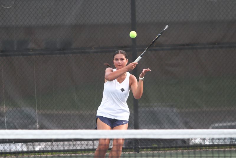Granville's Ava Upton hits a return in a No. 2 singles match during the Blue Aces' 5-0 victory against visiting Teays Valley on Aug. 13, 2026.
