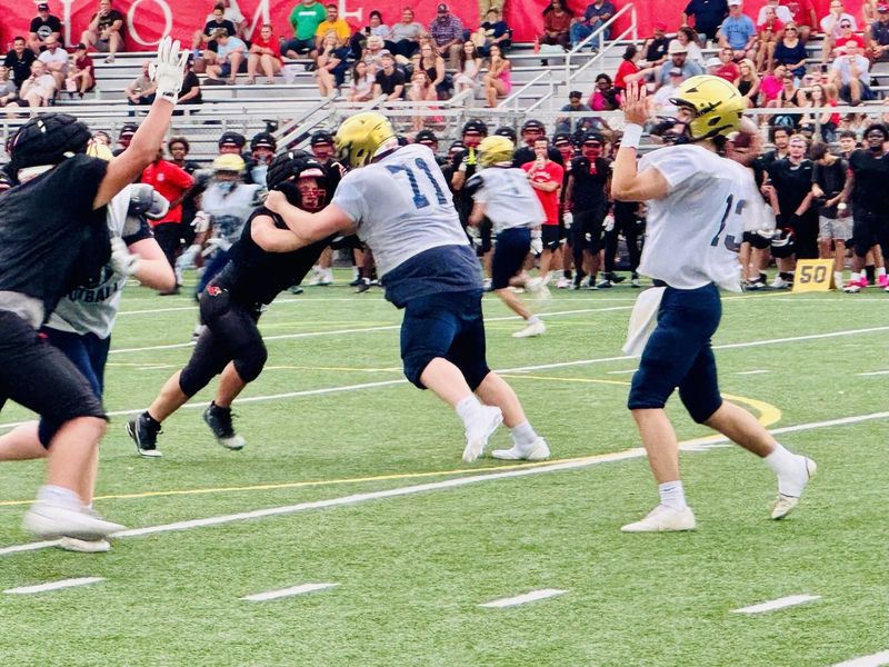 Lancaster senior quarterback Brody Broeckel prepares to throw a pass against St. Charles during the Golden Gales' final scrimmage on Thursday, Aug. 13, 2025.