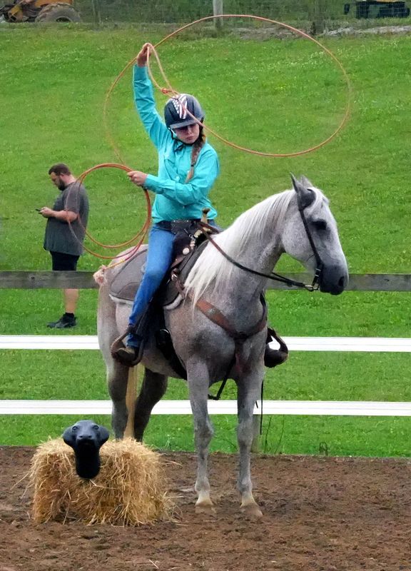 Audrey Schlabach lassoes a dog in a straw bale in the ranch trail class. The 2026 Holmes County Fair goes from Aug. 10 to Aug. 15 in Millersburg.