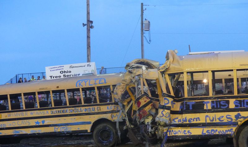 Crowds roared as the metal bodies of school buses crashed into each other at the Ross County Fair's bus derby on Aug. 13, 2026.