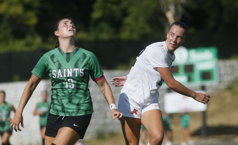 Seton senior Lexi Voelkerding (19) looks for the ball as Seton hosted Anderson in the first soccer game at Seton's new Gould Family Sports Complex Aug. 14, 2026 in Delhi Township.