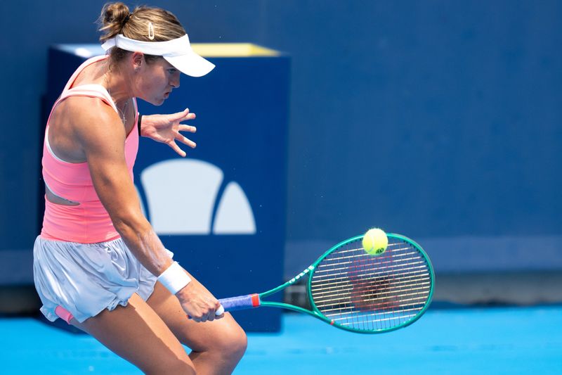 Caty McNally, of the United States, returns to Anna Kalinskaya, of Russia, at the Cincinnati Open at the Lindner Family Tennis Center in Mason, Ohio, on Saturday, August 15, 2026.