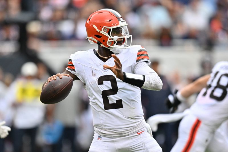 Aug 15, 2026; Chicago, Illinois, USA; Cleveland Browns quarterback Shedeur Sanders (2) passes the ball againnst the Chicago Bears during the second half at Soldier Field. Mandatory Credit: Patrick Gorski-Imagn Images
