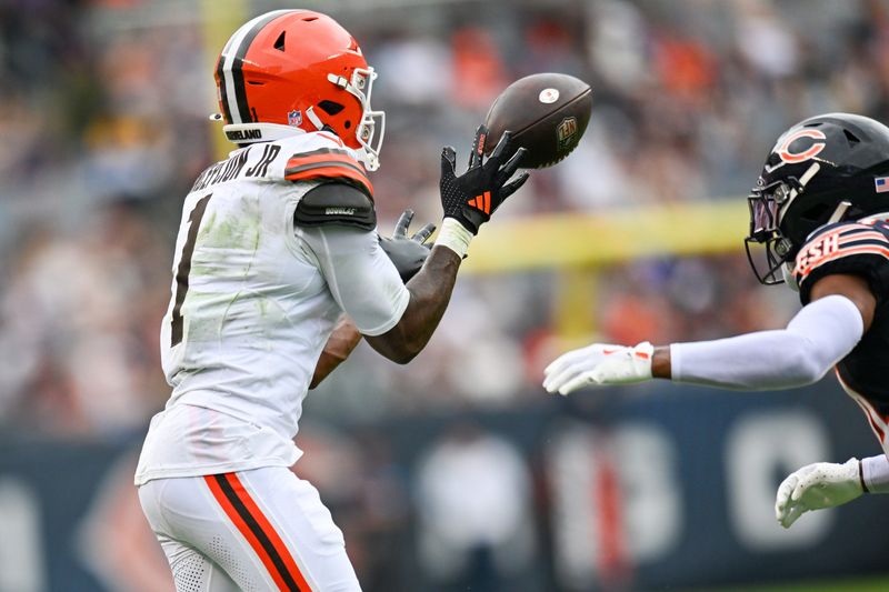 Aug 15, 2026; Chicago, Illinois, USA; Cleveland Browns wide receiver KC Concepcion (1) receives a pass against the Chicago Bears during the first half at Soldier Field. Mandatory Credit: Patrick Gorski-Imagn Images