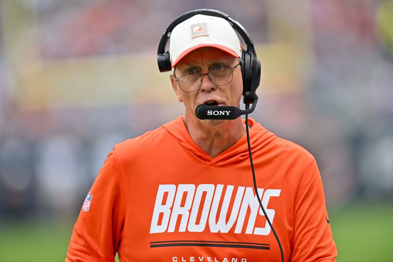 Aug 15, 2026; Chicago, Illinois, USA; Cleveland Browns head coach Todd Monken looks on during the first half against the Chicago Bears at Soldier Field. Mandatory Credit: Patrick Gorski-Imagn Images