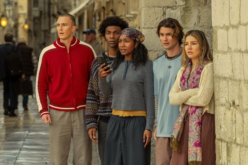 From left to right, Drew Starkey as Rafe, Jonathan Daviss as Pope, Carlacia Grant as Cleo, Chase Stokes as John B and Madelyn Cline as Sarah Cameron in "Outer Banks" season 5.