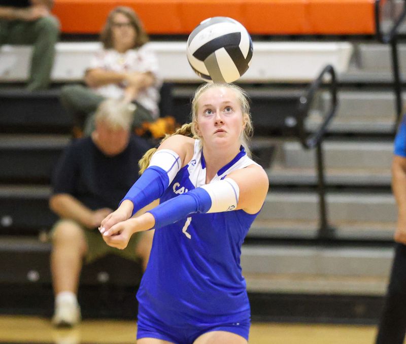 Chillicothe senior Bradyn Smith tracks a ball during the Cavaliers' sweep of Amanda-Clearcreek on Aug. 18, 2026.