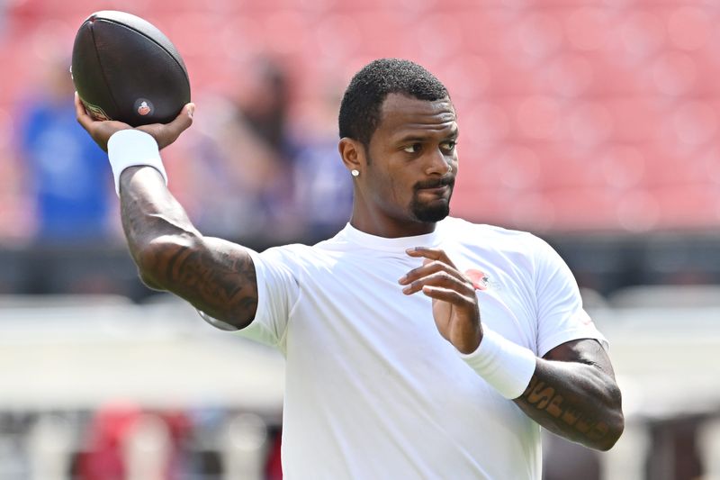Aug 22, 2026; Cleveland, Ohio, USA; Cleveland Browns quarterback Deshaun Watson (4) warms up before the game between the Browns and the Buffalo Bills at Huntington Bank Field. Mandatory Credit: Ken Blaze-Imagn Images