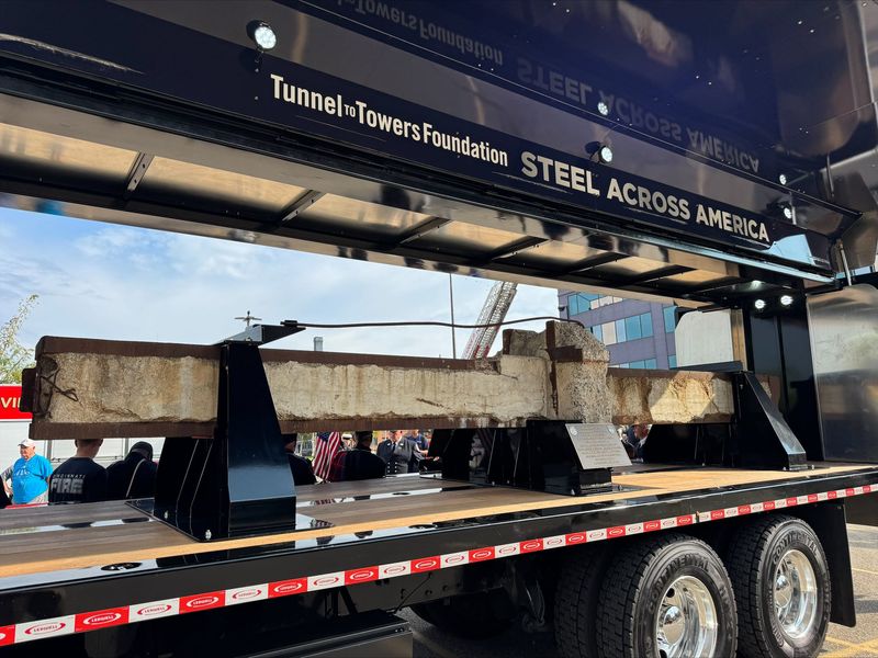 The beam of the South Tower of the World Trade Center contained in this struck is 21 feet and 9 inches long. It weighs 16,900 pounds, according to the Tunnel to Towers Foundation, which organized the Steel Across America tour.