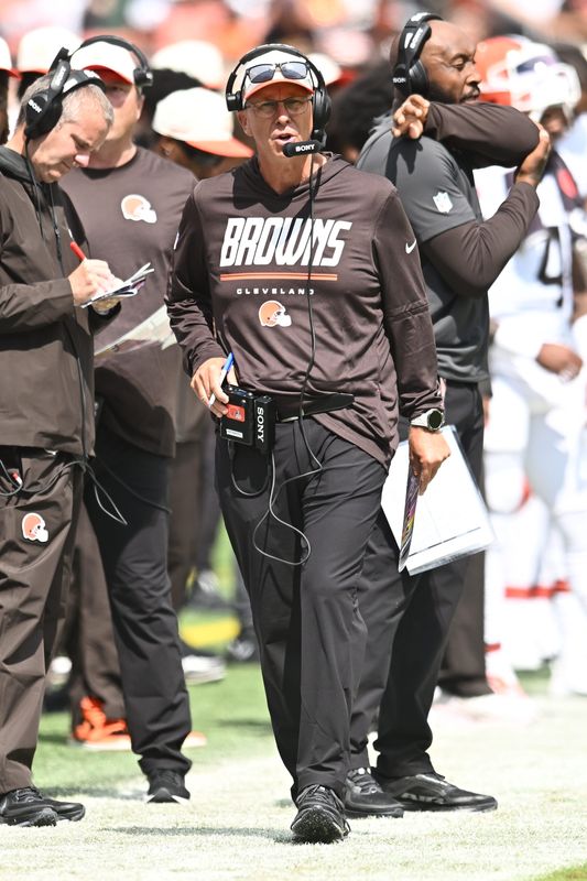 Aug 22, 2026; Cleveland, Ohio, USA; Cleveland Browns head coach Todd Monken walks the sidelines during the second half against the Buffalo Bills at Huntington Bank Field. Mandatory Credit: Ken Blaze-Imagn Images