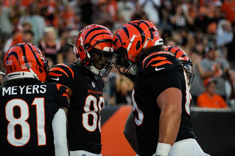 Bengals Colbie Young (86) celebrates a touchdown during their game against the Bears at Paycor Stadium on Saturday August 22, 2026.
