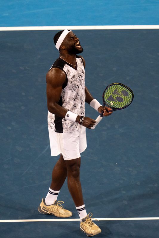 Frances Tiafoe, of United States, reacts after defeating Brandon Nakashima, of United States, during the Cincinnati Open at the Lindner Family Tennis Center in Mason, Ohio, on Saturday, August 22, 2026.