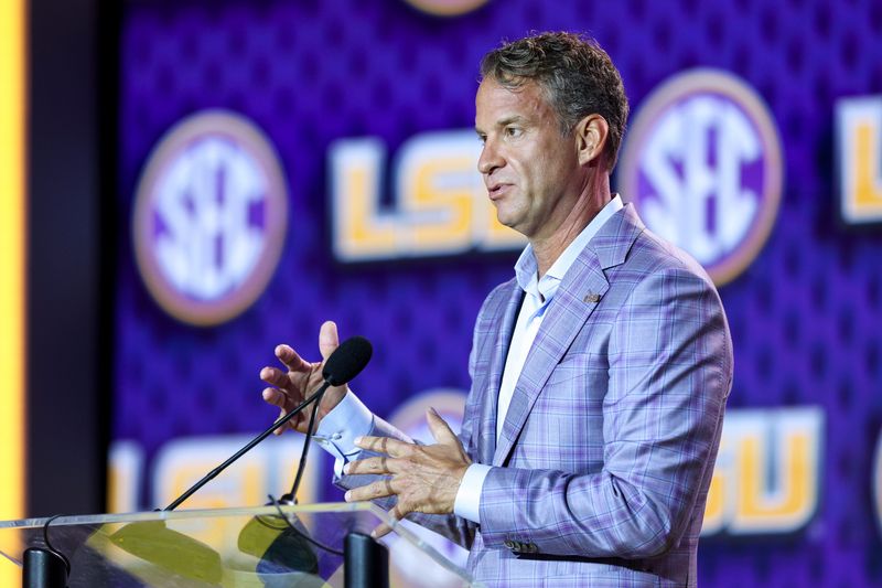 Jul 23, 2026; Tampa, FL, USA; LSU Tigers head coach Lane Kiffin speaks to the press during SEC Football Kickoff Media Day at the Tampa Marriott. Mandatory Credit: Nathan Ray Seebeck-Imagn Images