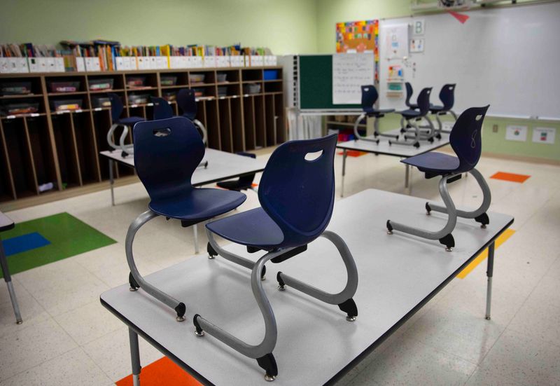 A first-grade classroom is now empty at Oyler School in Lower Price Hill after Cincinnati Public Schools switched to remote learning on Jan. 12, 2022.