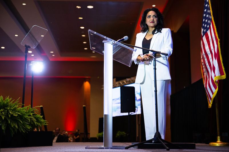 Mayor Paulette Guajardo watches a video at the State of the City Address at the American Bank Center in Corpus Christi, Texas, on Aug. 4, 2022.
