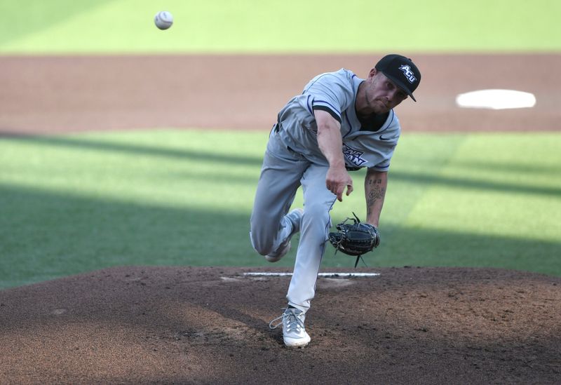 Abilene Christian's Drake Boggan (18) pitches against Texas Tech in their midweek baseball series, Tuesday, May 9, 2023, at Dan Law Field at Rip Griffin Park.