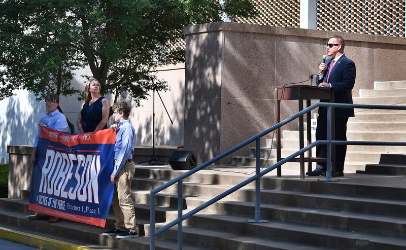 Joseph Robeson speaks on the steps of the Wichita County Courthouse Thursday as he announces he is a candidate for justice of the peace Precinct 1, Place 1.