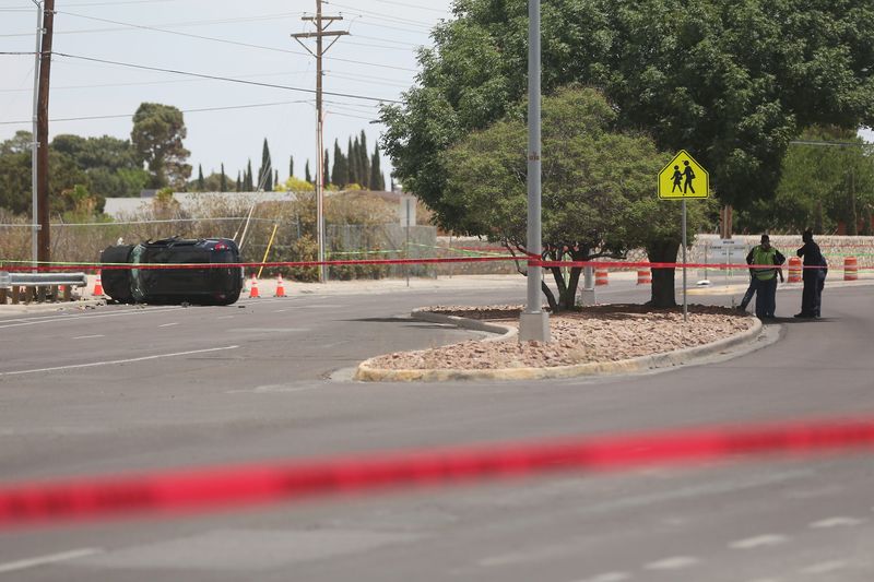 Lanes on Montwood Drive were closed off Wednesday, May 5, 2021, after a vehicle crashed into an electric pole. The rollover accident occurred before noon on Montwood Drive by Tom Bolt Drive in the Vista Del Sol area of the East Side.